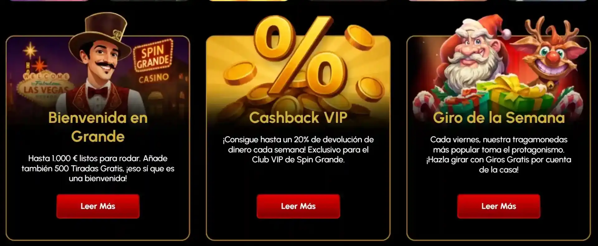 SpinGrande bonus cards - Welcome bonus, VIP Cashback, Weekly Spin